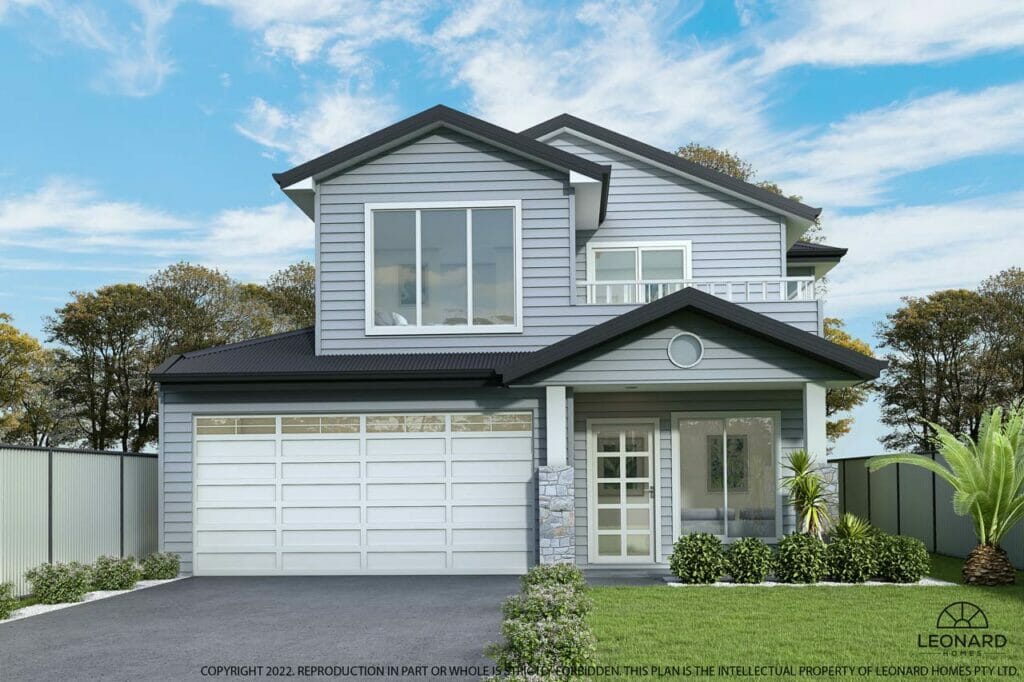 An image showing the exterior of the Chelmer 260 home design. This house, designed by Leonard Homes, is double-storey with pale greay cladding and a white garage door.