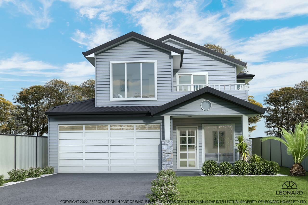 An image showing the exterior of the Chelmer 260 home design. This house, designed by Leonard Homes, is double-storey with pale greay cladding and a white garage door.