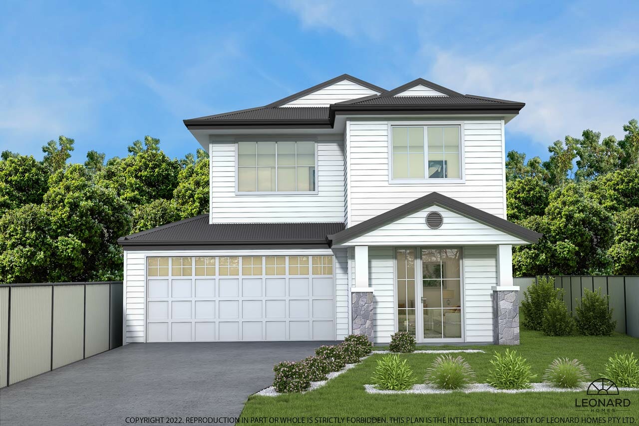 A CAD showing the front facade of Leonard Homes’s Kenmore 311 design. The two-storey hamptons-style home is clad in white with dark grey trim.