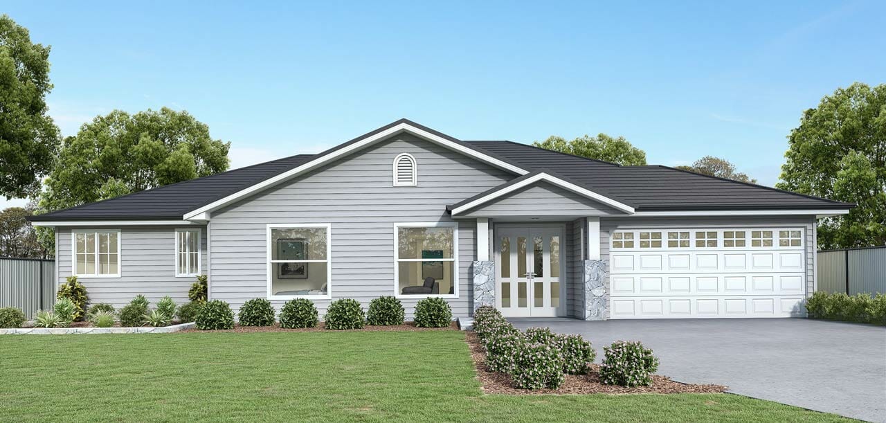 A CAD showing the exterior of the Leonard Homes Milora 250 design. This single-storey Hamptons-style acreage home is clad in pale grey with white trim and a white double garage door.
