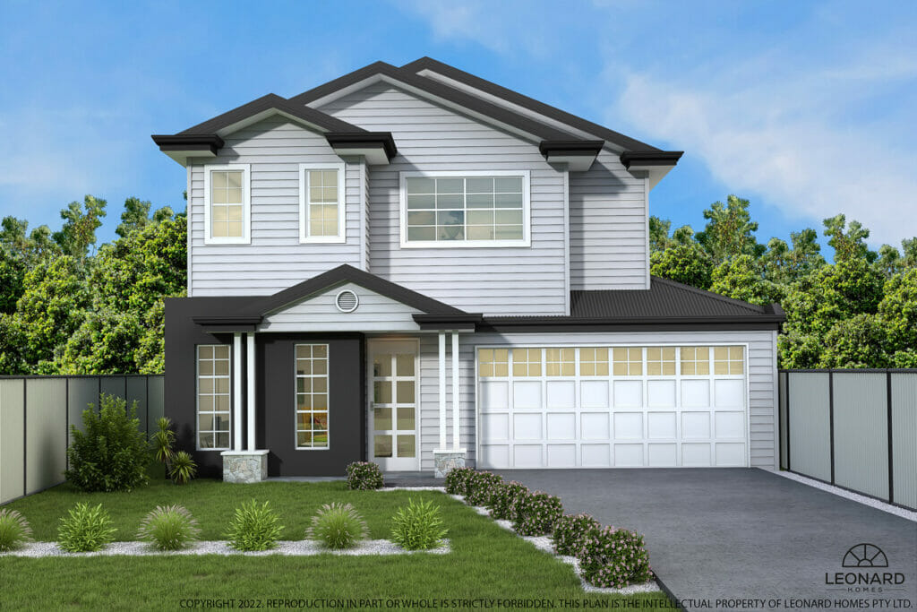 A CAD of a two-storey house, designed by Leonard Homes. The home features dark grey rendering and trim, pale grey cladding, white window frames and a white double garage door.