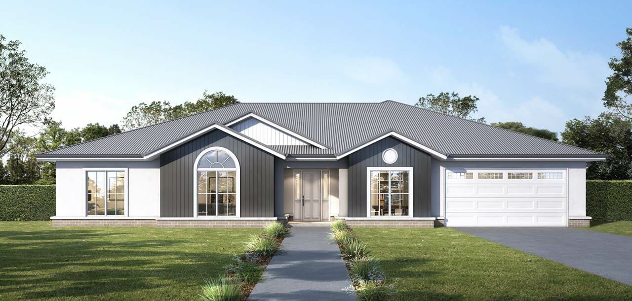A CAD showing the exterior of the Leonard Homes Springbrook 311 design. This single-storey modern acreage home features both white and dark grey claddin,g white window trims and a white garage door.